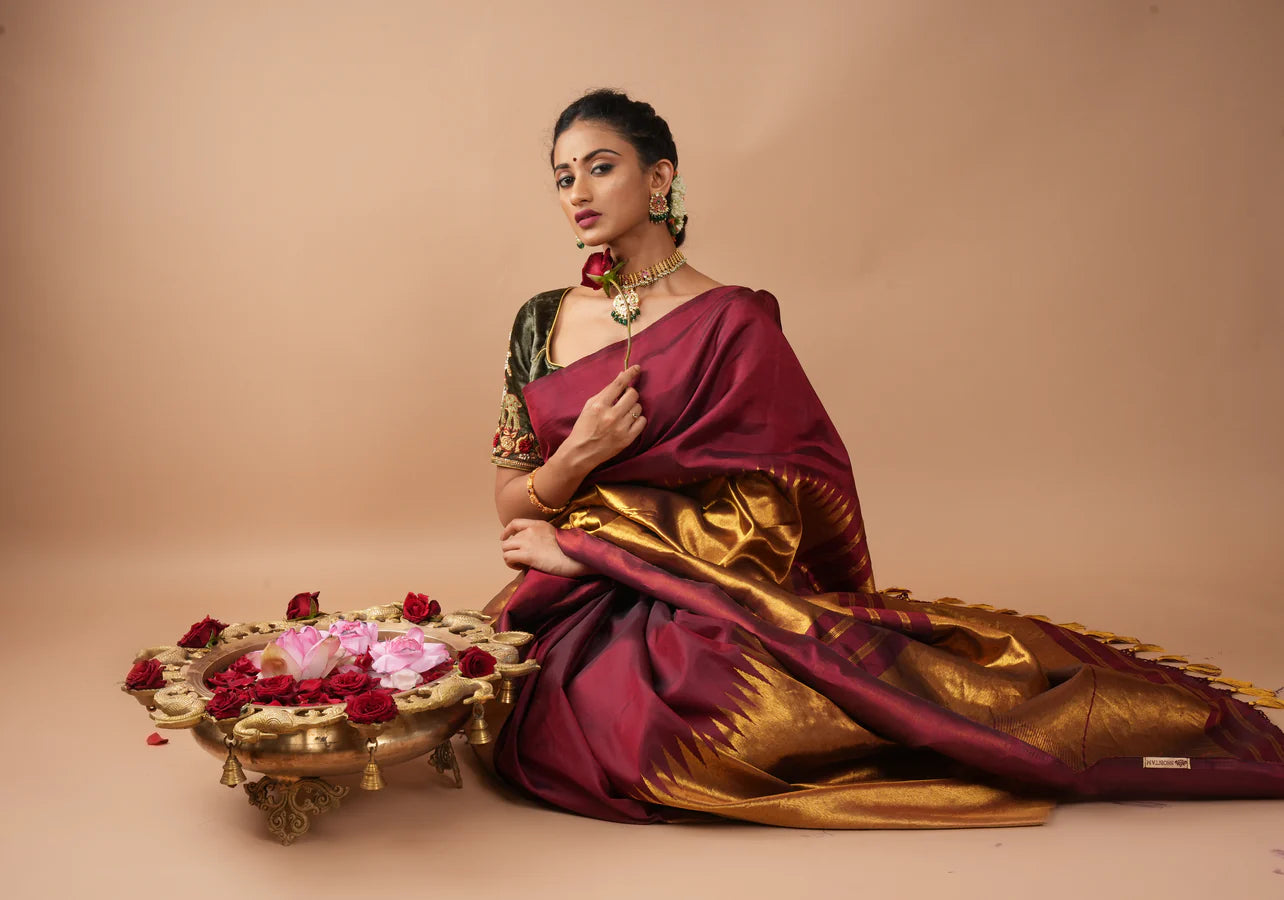 Celebrity design rising temple border Kanjeevaram Pure Silk Saree in Maroon, Antique Gold | SILK MARK CERTIFIED