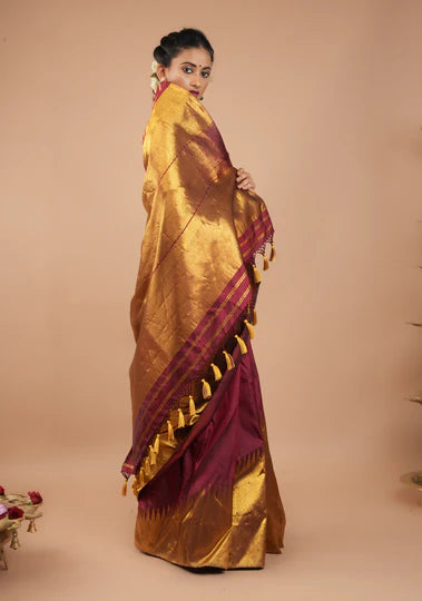 Celebrity design rising temple border Kanjeevaram Pure Silk Saree in Maroon, Antique Gold | SILK MARK CERTIFIED