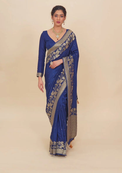 Navy Blue Zariwork Banarasi Silk Saree