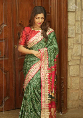 Georgette Silk Saree with Bandhni and Pichwai Print and Crushed Zari Border in Green