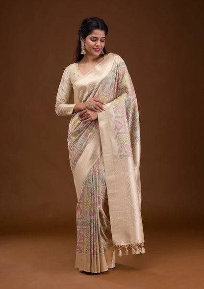 Cream Zariwork Banarasi Silk Saree