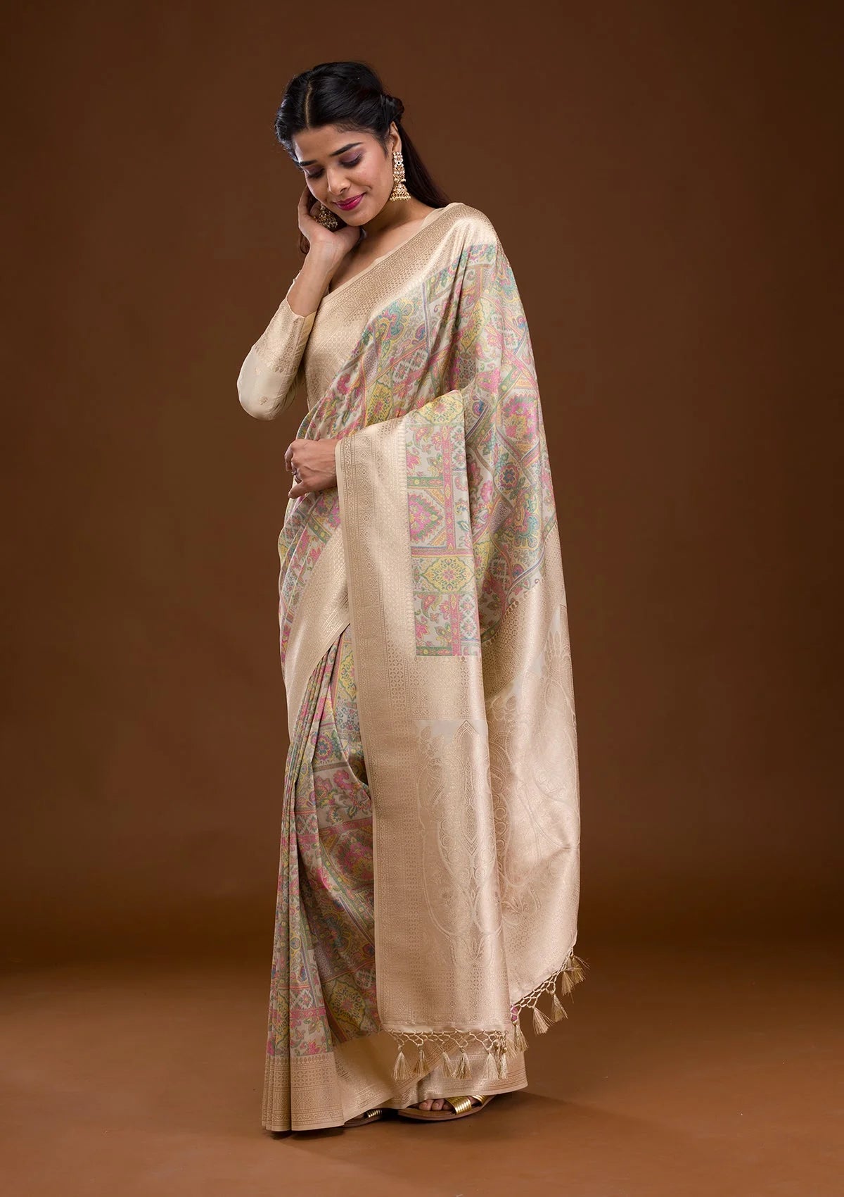 Cream Zariwork Banarasi Silk Saree