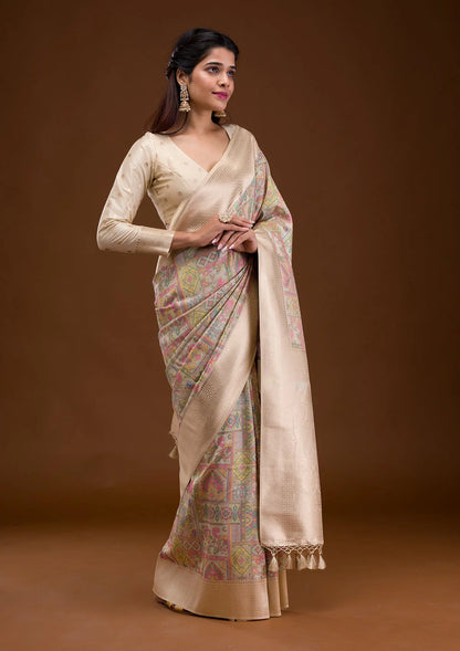 Cream Zariwork Banarasi Silk Saree