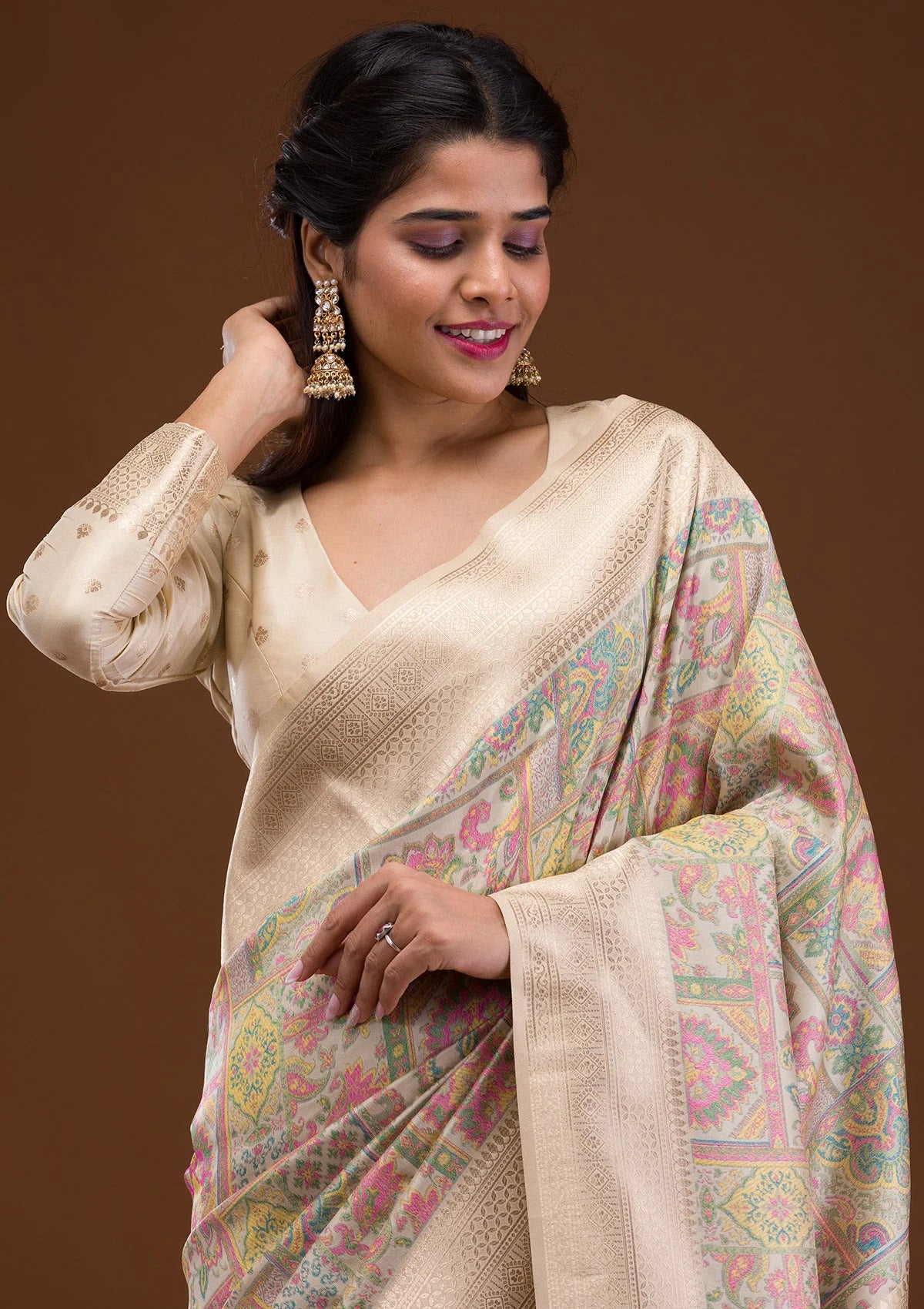 Cream Zariwork Banarasi Silk Saree