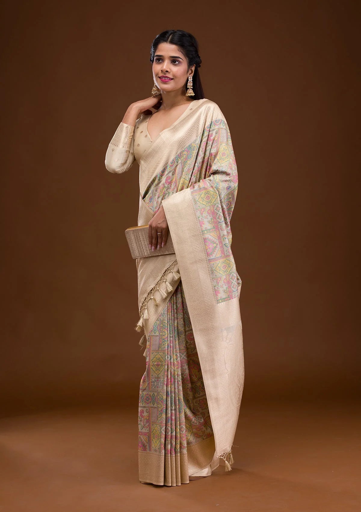 Cream Zariwork Banarasi Silk Saree