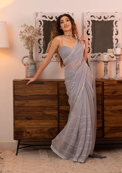 Grey Sequins Chiffon Designer Saree