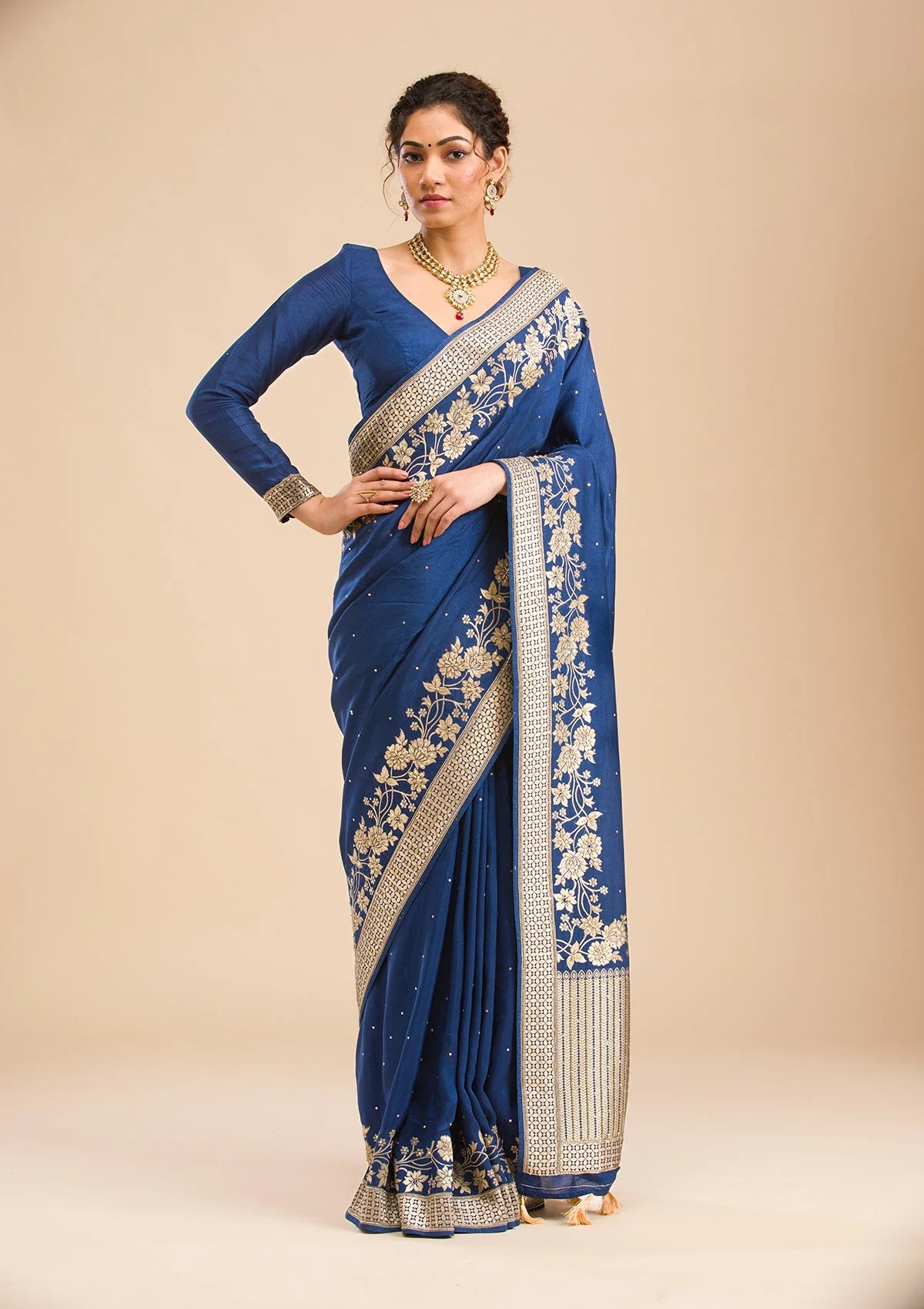 Navy Blue Zariwork Banarasi Silk Saree