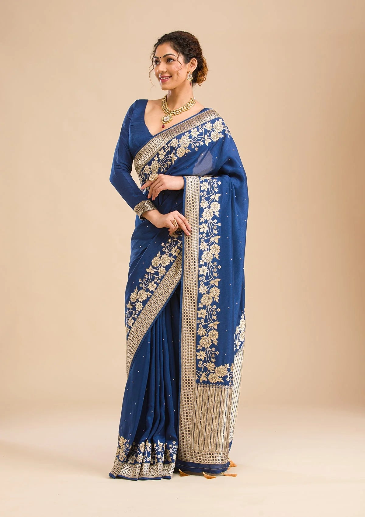 Navy Blue Zariwork Banarasi Silk Saree