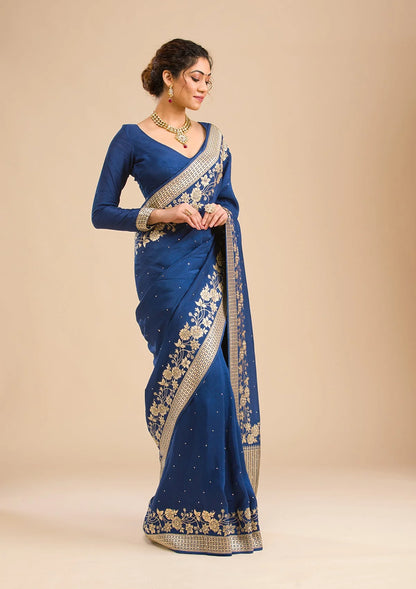 Navy Blue Zariwork Banarasi Silk Saree