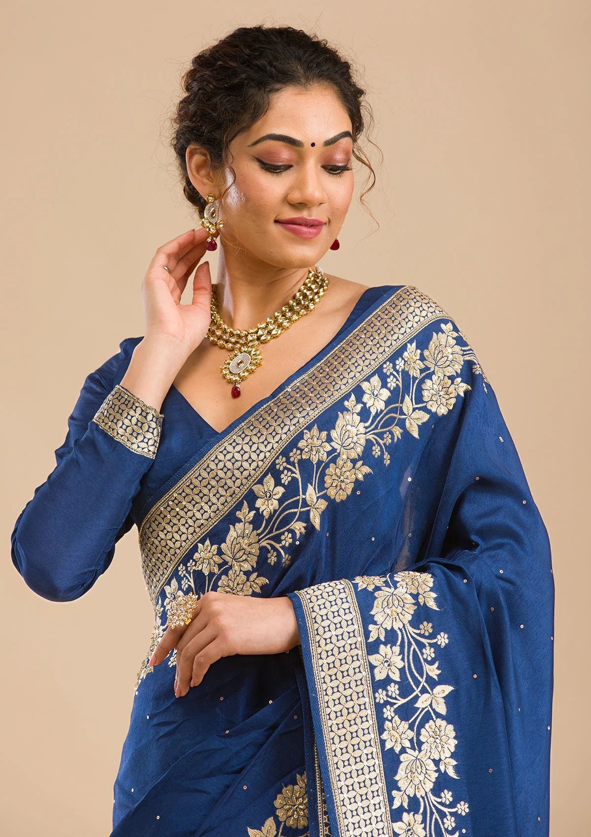 Navy Blue Zariwork Banarasi Silk Saree