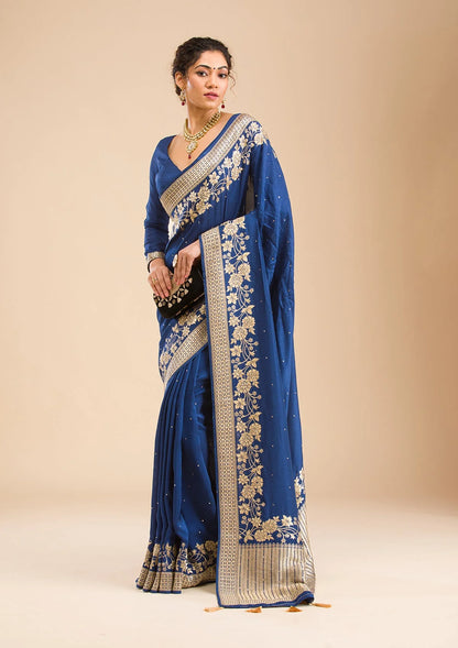 Navy Blue Zariwork Banarasi Silk Saree