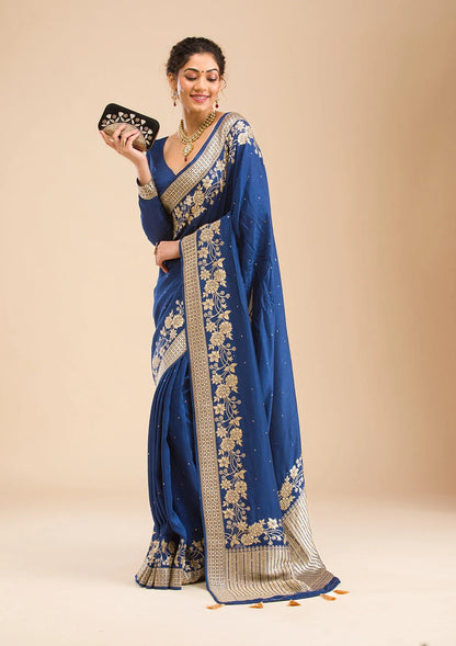 Navy Blue Zariwork Banarasi Silk Saree