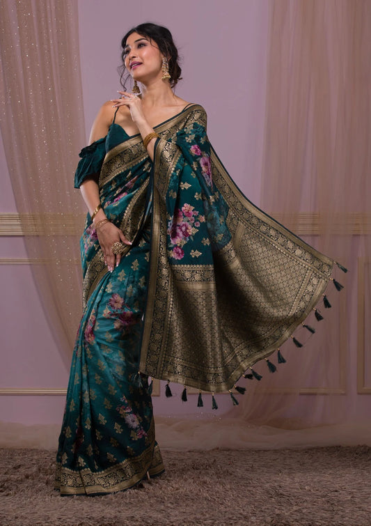 Peacock Blue Swarovski Banarasi Silk Saree