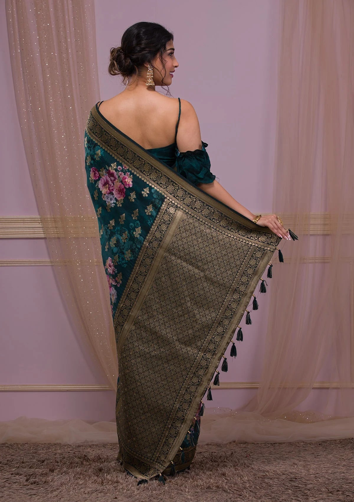 Peacock Blue Swarovski Banarasi Silk Saree