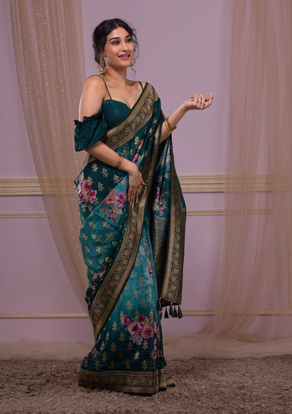 Peacock Blue Swarovski Banarasi Silk Saree