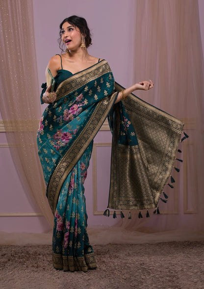 Peacock Blue Swarovski Banarasi Silk Saree